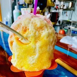 Shaved Ice - Guava + Passion Fruit + Mango w/ Condensed Milk drizzle on top.