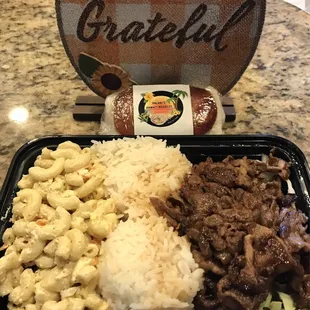 Macaroni salad, rice, pork teriyaki, cabbage, &amp; spam musubi