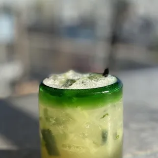 a close up of a drink in a glass