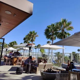 a group of people sitting under umbrellas