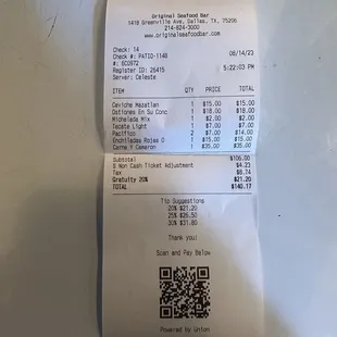 Credit card charge and auto gratuity for 2 people