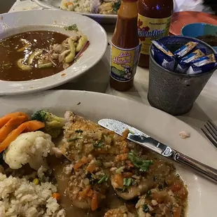 Scallops, red snapper, shrimp