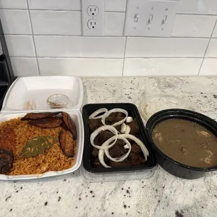 Jollof Rice Dish + Suya + Pepper Soup with Goat Meat | IG: @jojuane