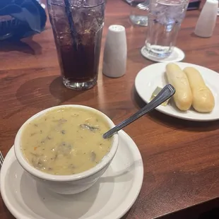 Cream of mushroom soup and breadsticks
