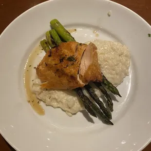 Maple glazed salmon, asparagus, risotto