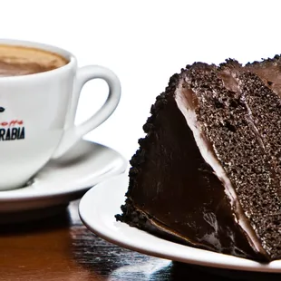 a slice of chocolate cake and a cup of coffee