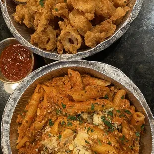 Pasta Penne Stefano and Fried Calamari