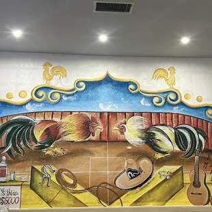 a mural of roosters in a circus