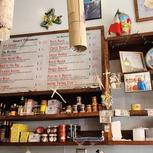 a menu and shelves