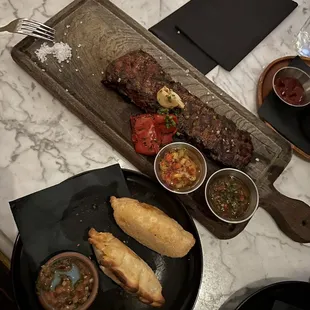 Skirt stake accompanied with chimichurri sauce And empanadas de choclo (corn) - Argentina style