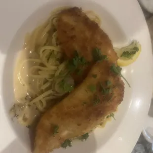Calamari Steak, linguine, white wine clam sauce.