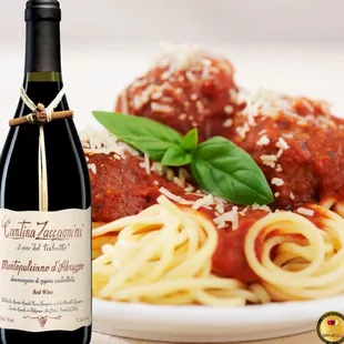 Spaghetti meatballs +wine