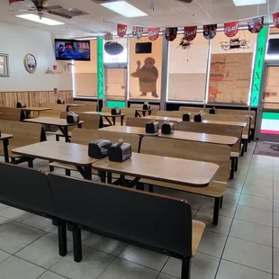 empty tables and benches in a restaurant