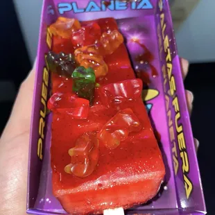 Strawberry Watermelon paleta with chamoy and gummy bears