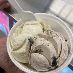 a hand holding a bowl of ice cream