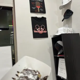 Mango with Dk chocolate dip, crushed pecans, and shredded coconut