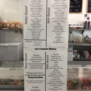 Popsicle and Ice Cream Menu