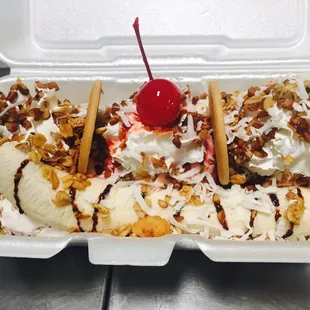 Banana split its a have it your way, you get to pick the ice cream flavors and the toppings!