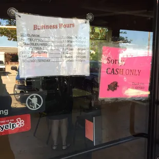 Business hours sign and CASH ONLY!!