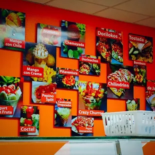 a variety of food items displayed on a wall