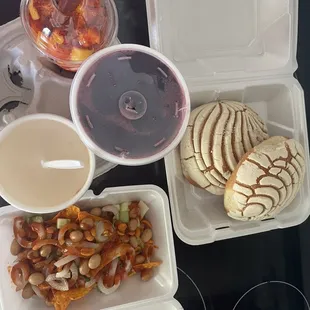 Doritos Locos, concha's, elotoe, mangonada and auga fresca (hibiscus)