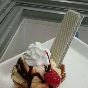 1 scoop of ice cream topped with chocolate whipped cream and a cherry with a vanilla wafer