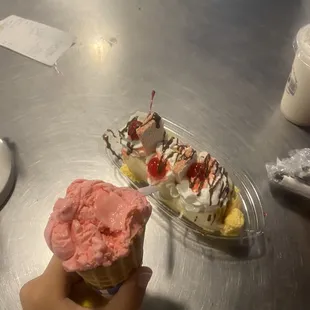 I ordered a strawberry cone  Single Scoop Ice Cream and a banana split!