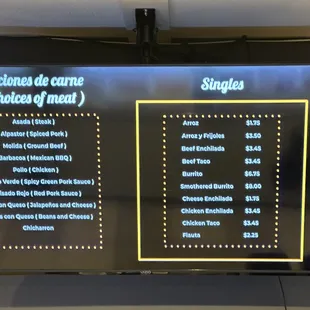 Meats &amp; Singles Menu 1