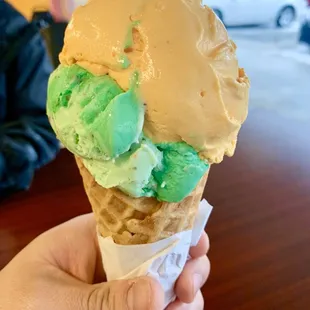 Two Scoops: Egg Nog &amp; Pistachio w/ Waffle Cone