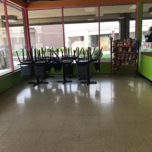 empty tables and chairs