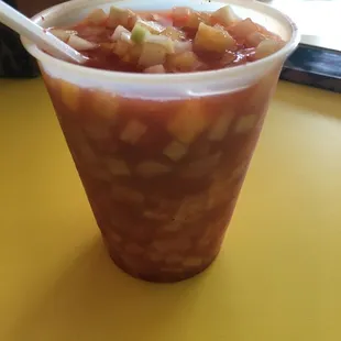 Gazpacho: cucumber, pineapple, mango, and jicama with fresh orange juice and chile.   Size small