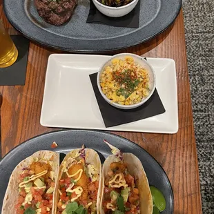 Fish Tacos, Street Corn, and Top Sirloin with Brussels Sprouts