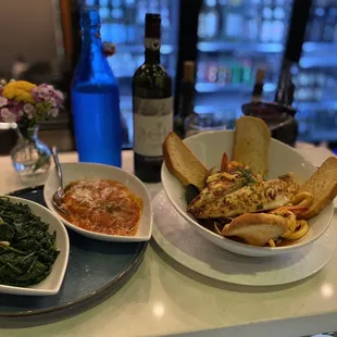 Sautéed Spinach, homemade pasta and marinara, along with the best Cioppino anywhere. Take my word for it!