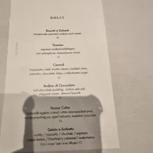 Dessert menu