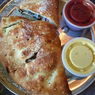 sausage, mushroom, cheese calzone