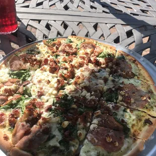 Pizza with bacon, feta, and more!