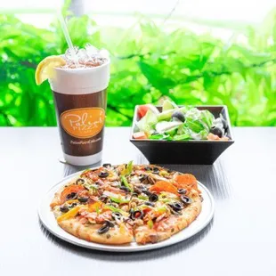 a plate of pizza and a drink