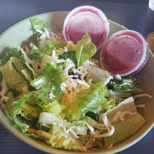 House salad minus the tomatoes and croutons. Added mozzarella.