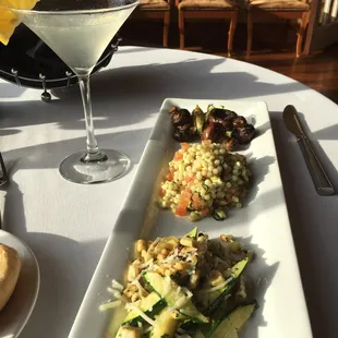 Food Tasting-Parmesan zucchini and roasted corn, couscous with tomato and mozzarella, Italian roasted mushrooms with veggies
