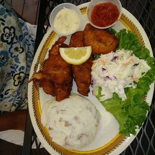 Fish &amp; shrimp with Mashed potatoes &amp; coleslaw