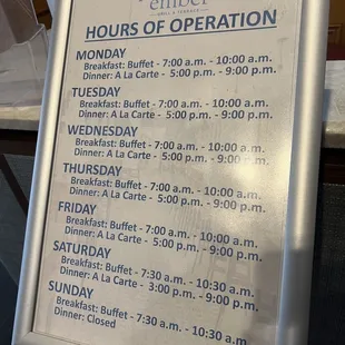Hours as of August 2022. Breakfast buffet is $22pp