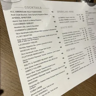 Current cocktail/drink menu