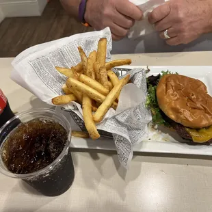Delicious hamburger &amp; fries with a Coke.