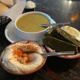 Tapas Hummus &amp; Vegetarian Grape Leaves Crushed Lentil Soup