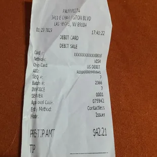 the receipt for the restaurant