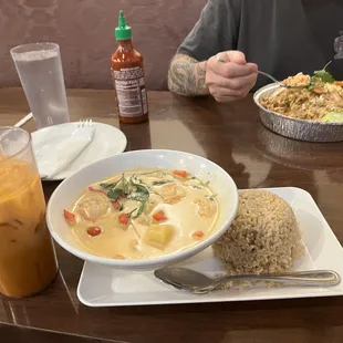Pineapple Curry with shrimp and Crab Meat Fried Rice and Thai Iced Coffee