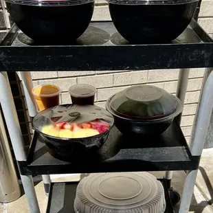 Salads with dressings , fruit bowl, wrap tray