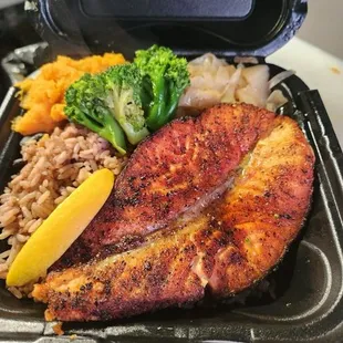 Blacken salmon with side of sweet potatoes mashed