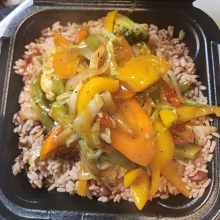 Sweet and sour veggies with rice and beans
