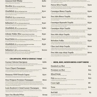 Premium Liquor and Bottle Service Menu